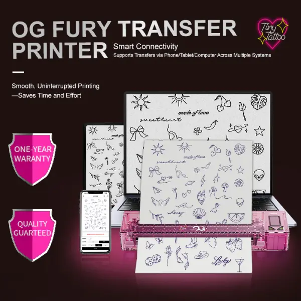 OG Fury Wireless Stencil Thermal Printer Termal Dövme Transfer Yazıcısı Pembe