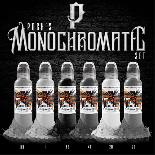 World Famous Tattoo Ink Poch's Mono Chromatic 4 oz 120 ml Gri Tonlarında Dövme Boya Seti 6 Renk Monochromatic
