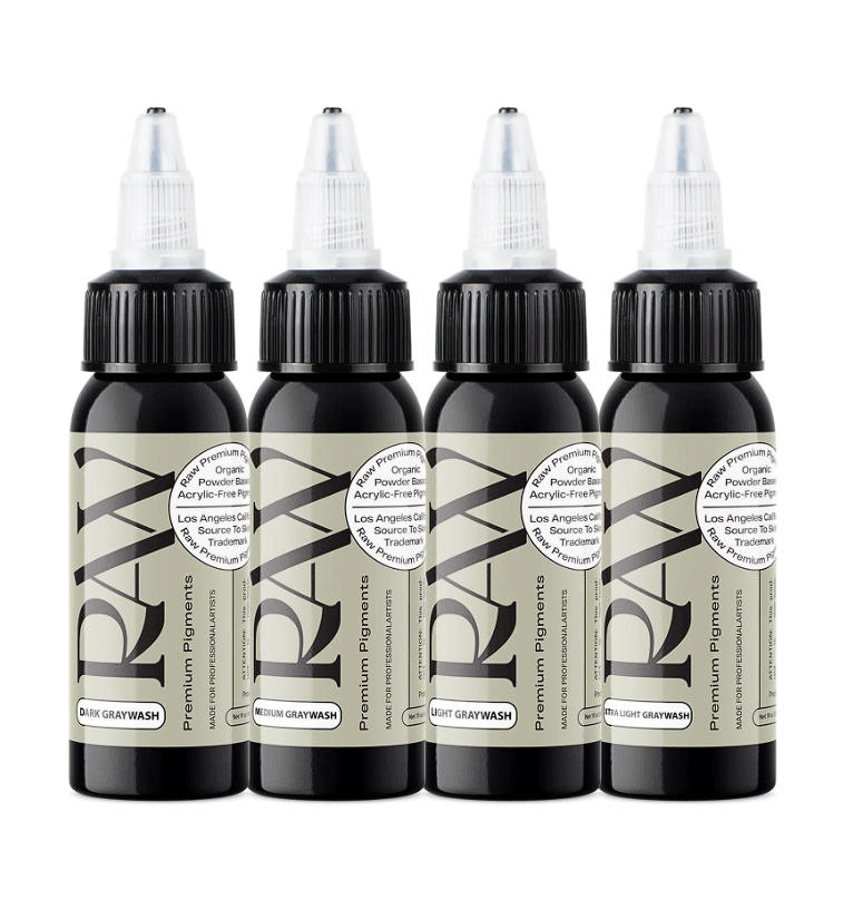 Raw Pigments Graywash Set 1 oz 30 ml Dört Ton Gölge Dövme Boyası Seti