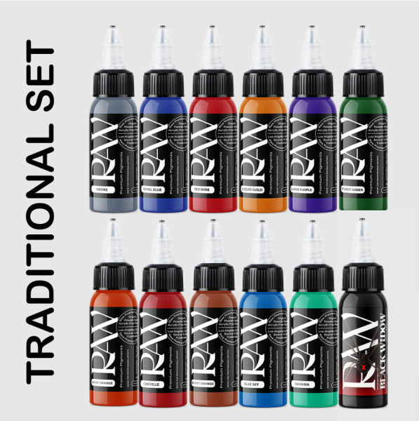 Raw Pigments Traditional Set 12 Renk 1 oz 30 ml Dövme Boyası Seti