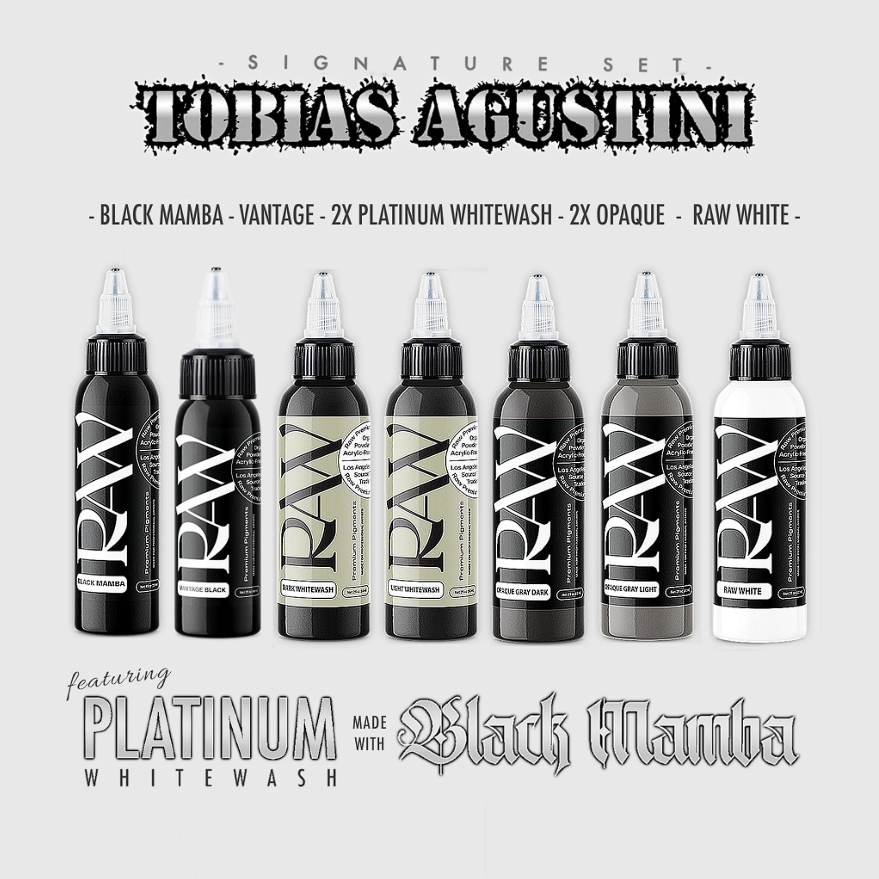 Raw Pigments Tobias Augustini Signature Set 2 oz 60 ml 7 Renk Gri ve Siyah Dövme Boyası Seti