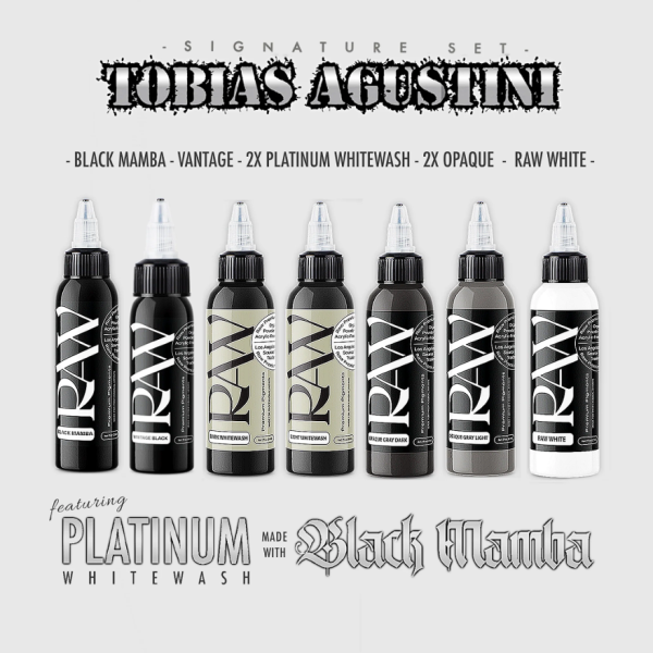 Raw Pigments Tobias Augustini Signature Set 2 oz 60 ml 7 Renk Gri ve Siyah Dövme Boyası Seti