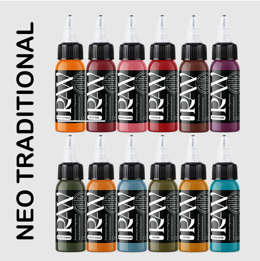 Raw Pigments Neo Traditional Set 12 Renk 1 oz 30 ml Dövme Boyası Seti