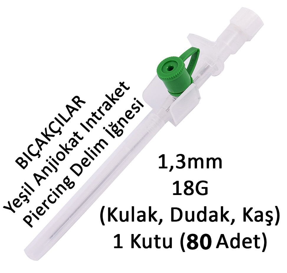 Bıçakçılar 1,3mm Yeşil Anjiokat Intraket Kulak, Dudak, Kaş Piercing Delim İğnesi Anjuket 1 Kutu 80 Adet