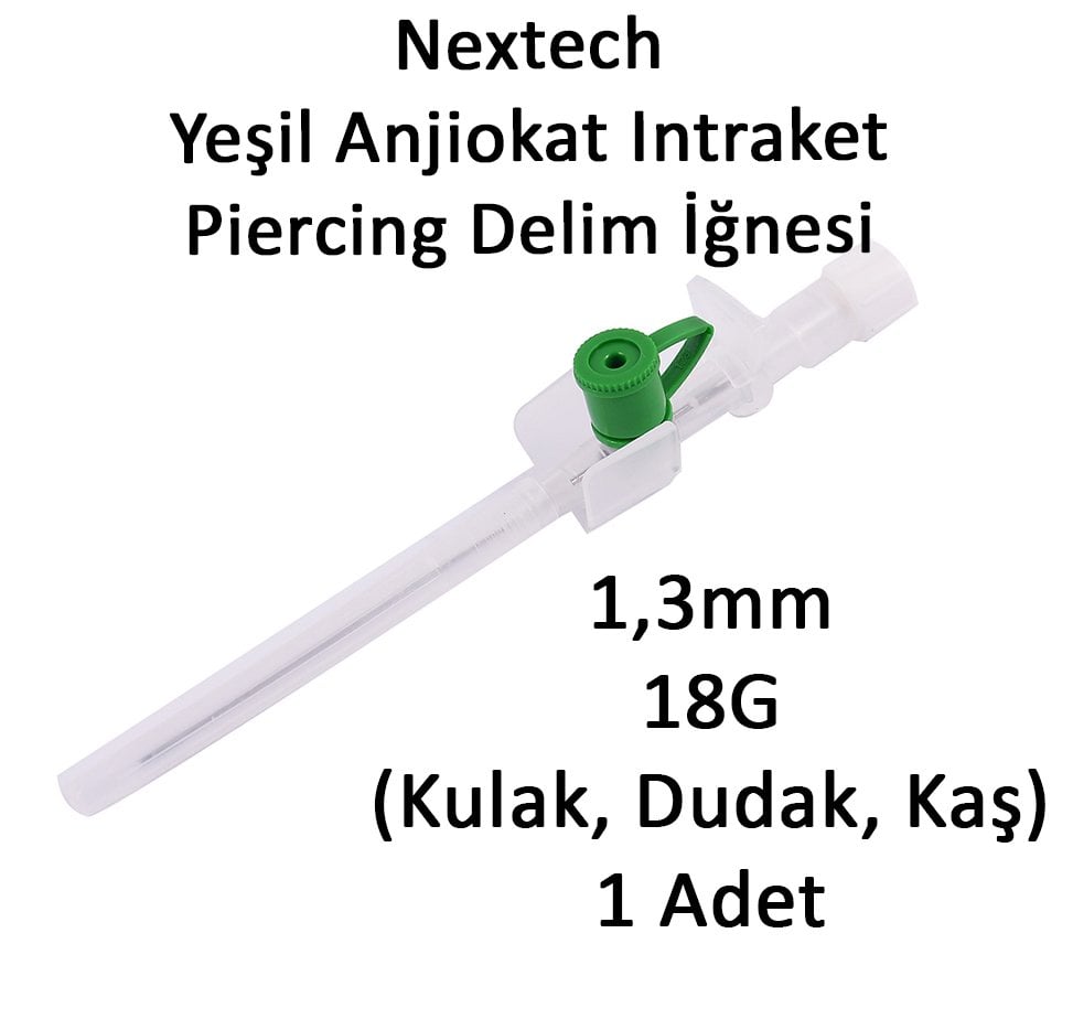 Nextech 1,3mm Yeşil Anjiokat Intraket Kulak, Dudak, Kaş Piercing Delim İğnesi Anjuket 1 Adet