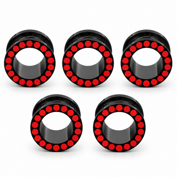 5 Adet Vidalı Kırmızı Renkli Noktalı Kenarlı Siyah Bioplast Kulak Tüneli