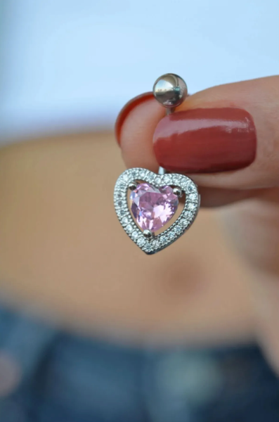 Kalp Model Pembe Taşlı 316L Cerrahi Çelik Göbek Piercing