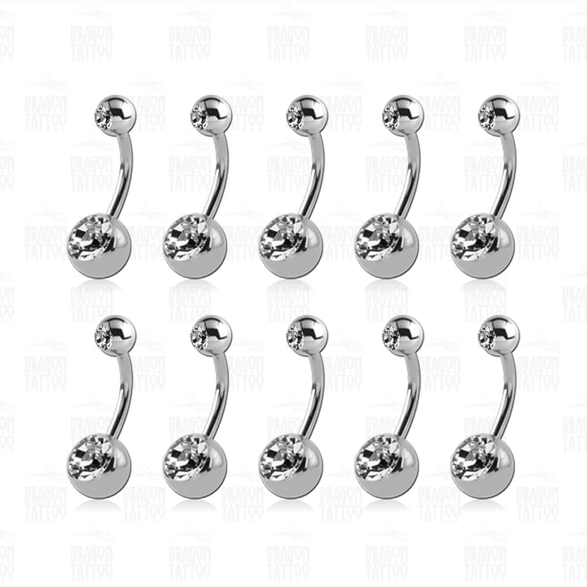 10 Adet Cerrahi Çelik Çift Beyaz Taşlı Göbek Piercing Top Büyüklüğü 8 mm - Bar Kalınlığı 1.6 mm - Bar Uzunluğu 10 mm