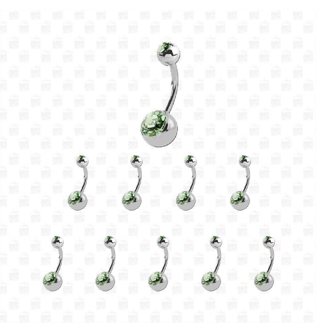 10 Adet Cerrahi Çelik Çift Taşlı Zümrüt Yeşili Göbek Piercing