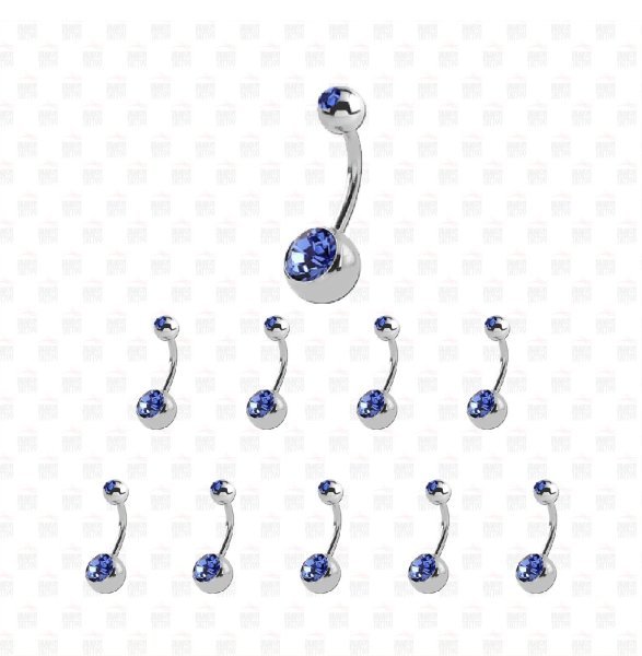 10 Adet Cerrahi Çelik Çift Mavi Taşlı Göbek Piercing