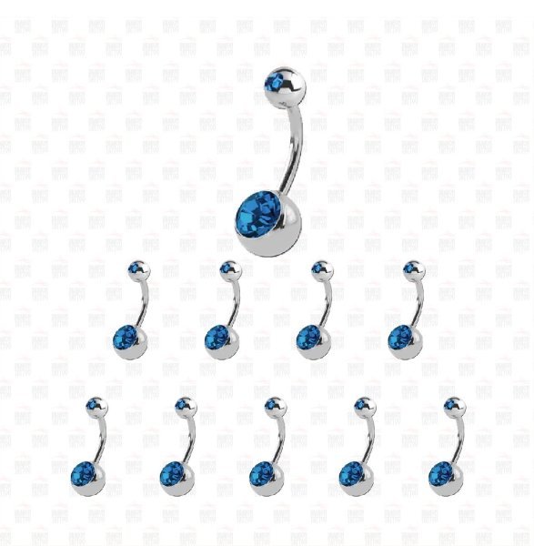 10 Adet Cerrahi Çelik Çift Mavi Taşlı Göbek Piercing