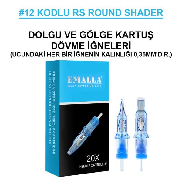 Emalla Eliot #12 Kodlu RS Round Shader Long Taper Cartridge Kartuş Dövme Dolgu ve Gölge İğneleri