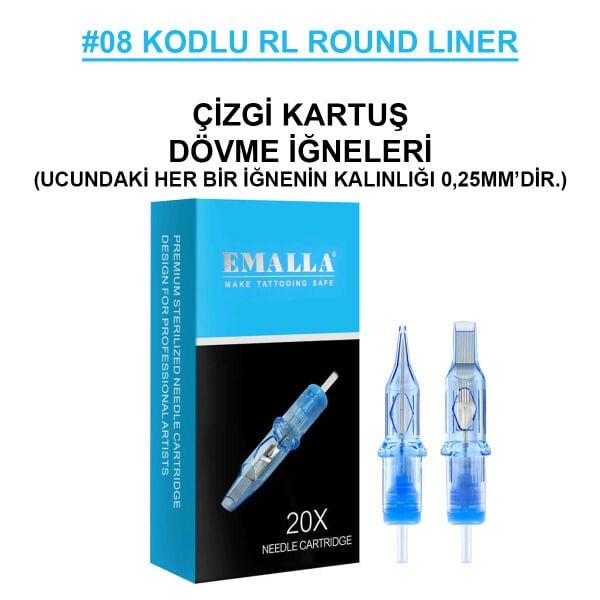 Emalla Eliot #08 Kodlu RL Round Liner Long Taper Cartridge Kartuş Dövme Çizgi İğneleri