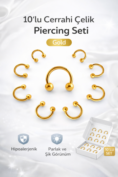 10 Adet Cerrahi Çelik Çift Toplu Altın Sarısı Halka Piercing