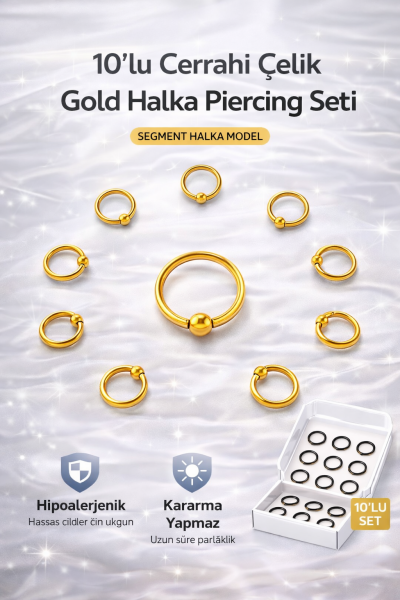 10 Adet Cerrahi Çelik Toplu Altın Sarısı Halka Tragus Piercing