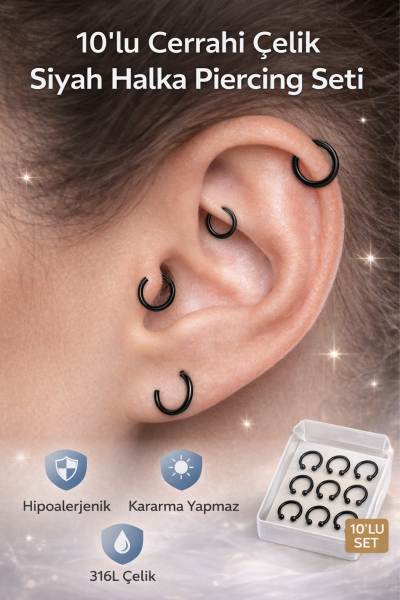 10 Adet Cerrahi Çelik Segment Siyah Halka Piercing