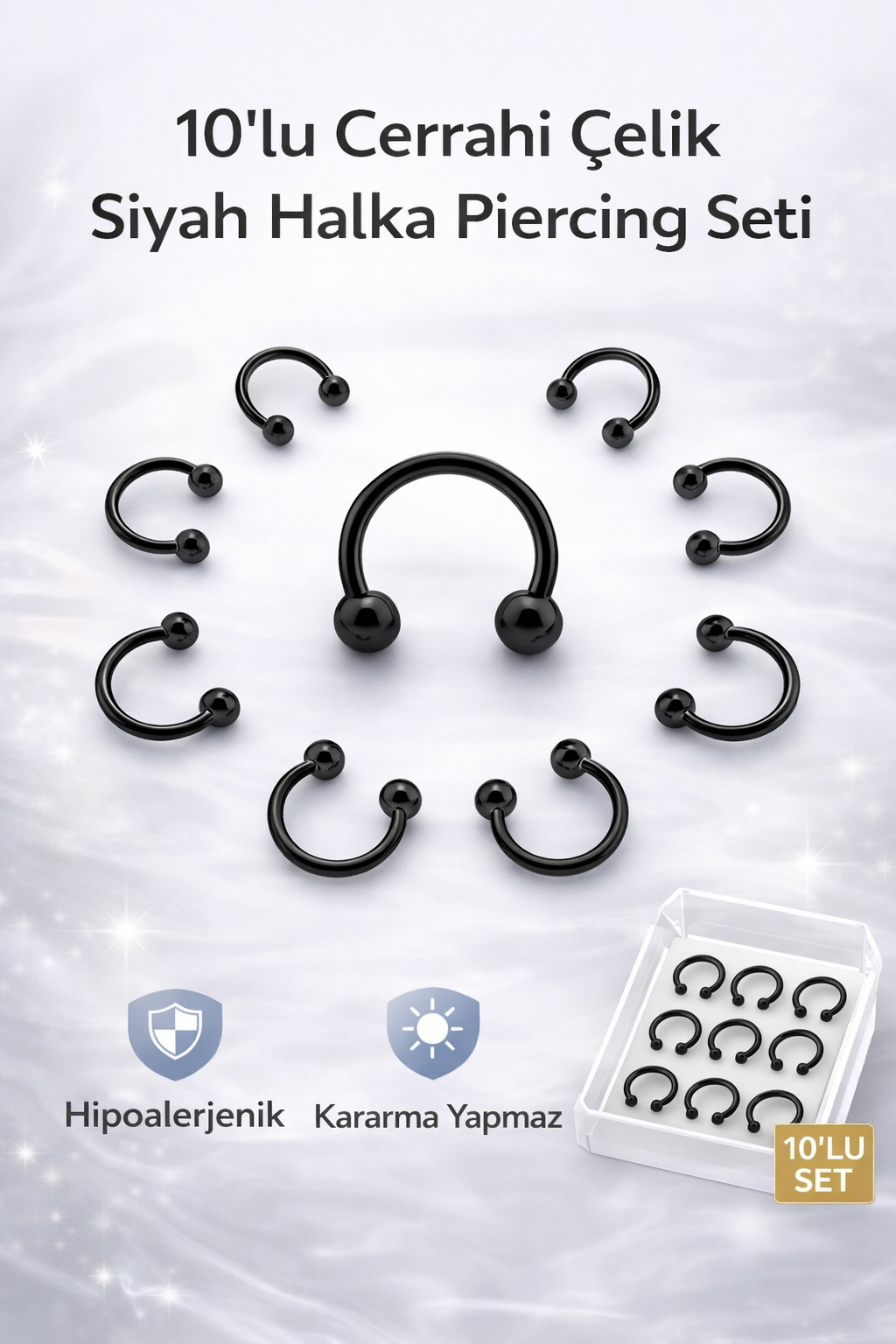 10 Adet Cerrahi Çelik Segment Siyah Halka Piercing