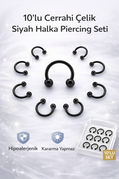10 Adet Cerrahi Çelik Segment Siyah Halka Piercing