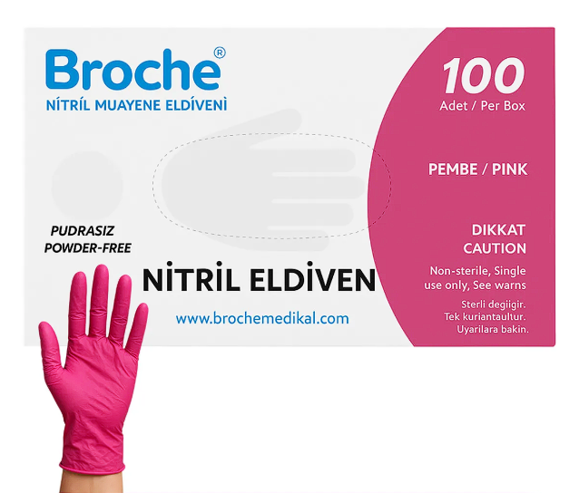 Broche Eldiven Nitril Pembe XS Ekstra Small Ekstra Küçük Boy (Kutu - 100 Adet)