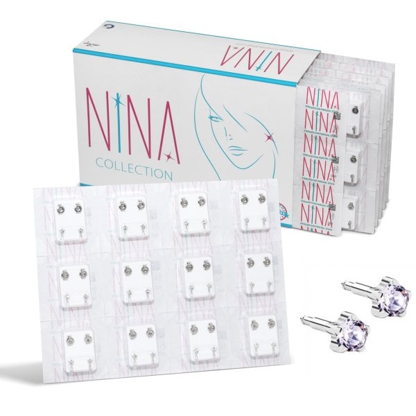 Nina İlk Delim Küpesi Tırnaklı Taşlı Gri 12 Çift (24 Adet)