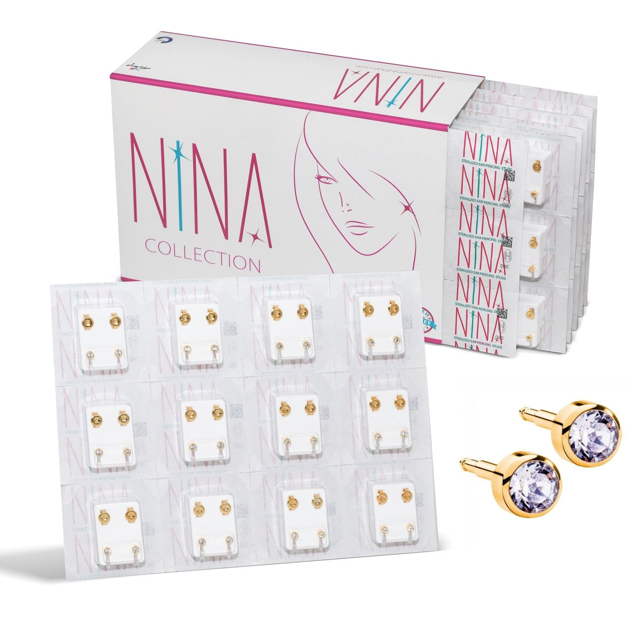 Nina İlk Delim Küpesi Taşlı Altın Sarısı 12 Çift (24 Adet) Büyük