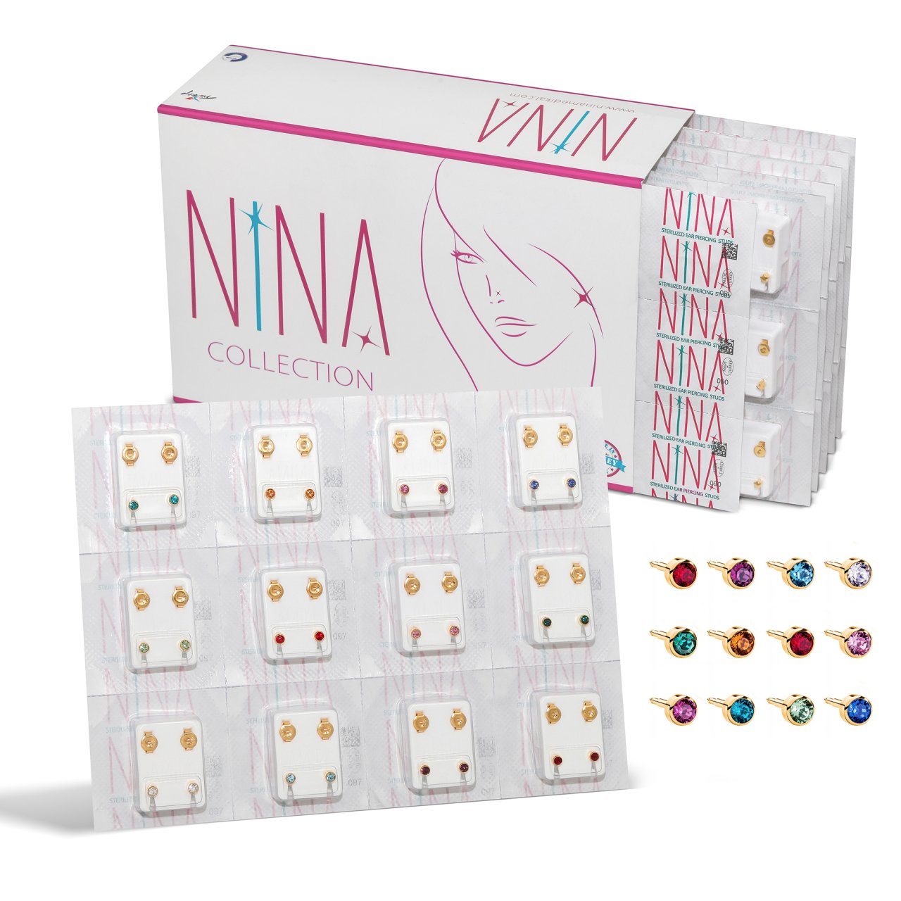 Nina İlk Delim Küpesi Karışık Renk Taşlı Altın Sarısı 12 Çift (24 Adet) Nina İlk Delim Küpesi Karışık Renk Taşlı Altın Sarısı 12 Çift (24 Adet) Büyük