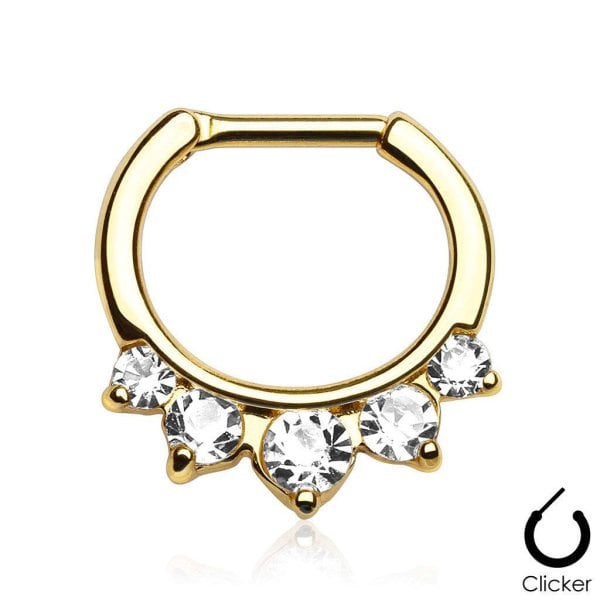 Cerrahi Çelik Clicker Göğüs ve Septum Piercing Taşlı Altın Sarısı