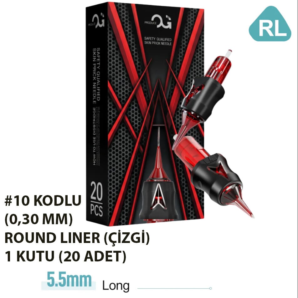 OG Produce Red Arrow #10 Kodlu RL Round Liner Çizgi Cartridge Kartuş Dövme İğnesi 1 Kutu (20 Adet)