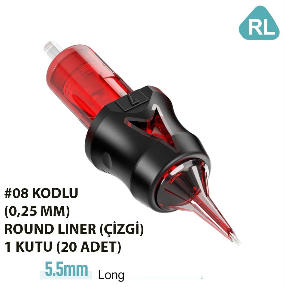 OG Produce Red Arrow #08 Kodlu RL Round Liner Çizgi Cartridge Kartuş Dövme İğnesi 1 Kutu (20 Adet)