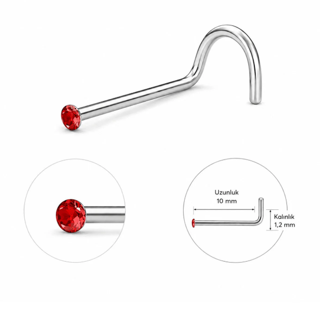 Cerrahi Çelik İnce Kıvrımlı Burun Kırmızı Taşlı Hızma - Piercing